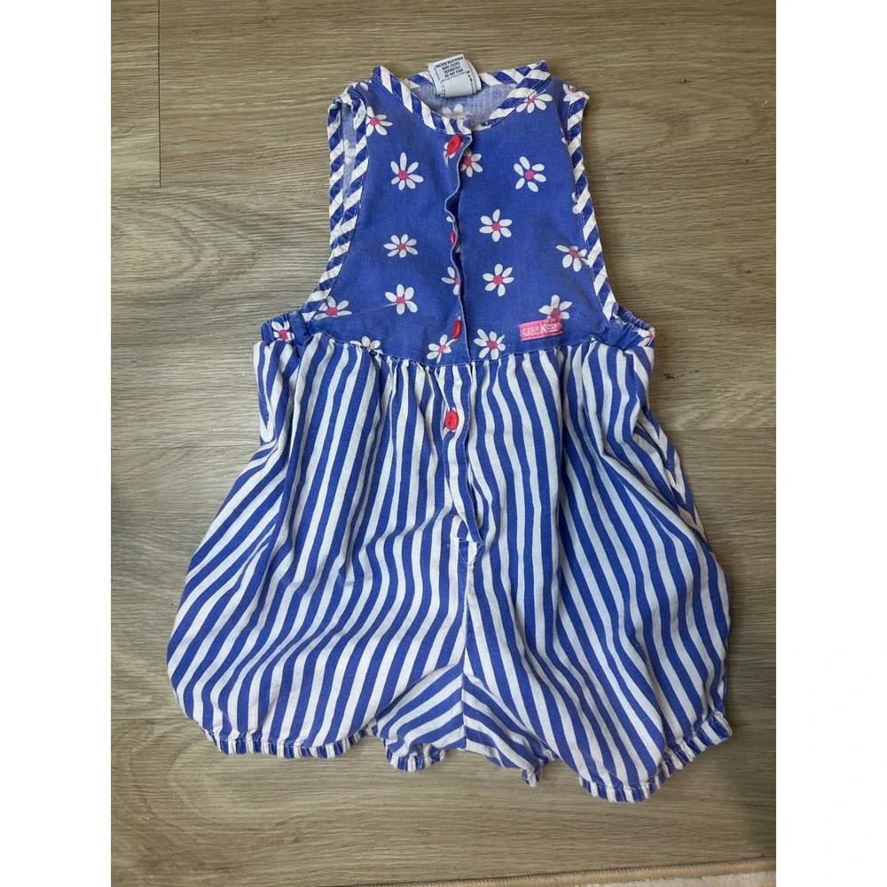 Vintage‎ OshKosh Bgosh 3T Blue Floral Striped Bubble Romper Made in USA 90s